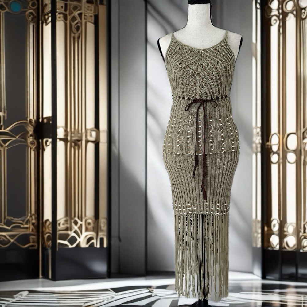 Chic Knit Fringe Midi Dress. Top and Skirt